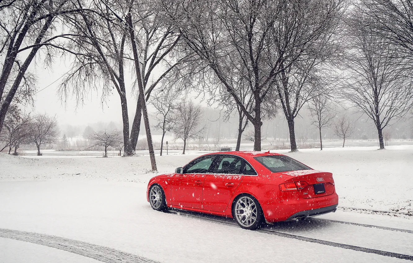 Photo wallpaper winter, snow, Audi, Audi, red, red