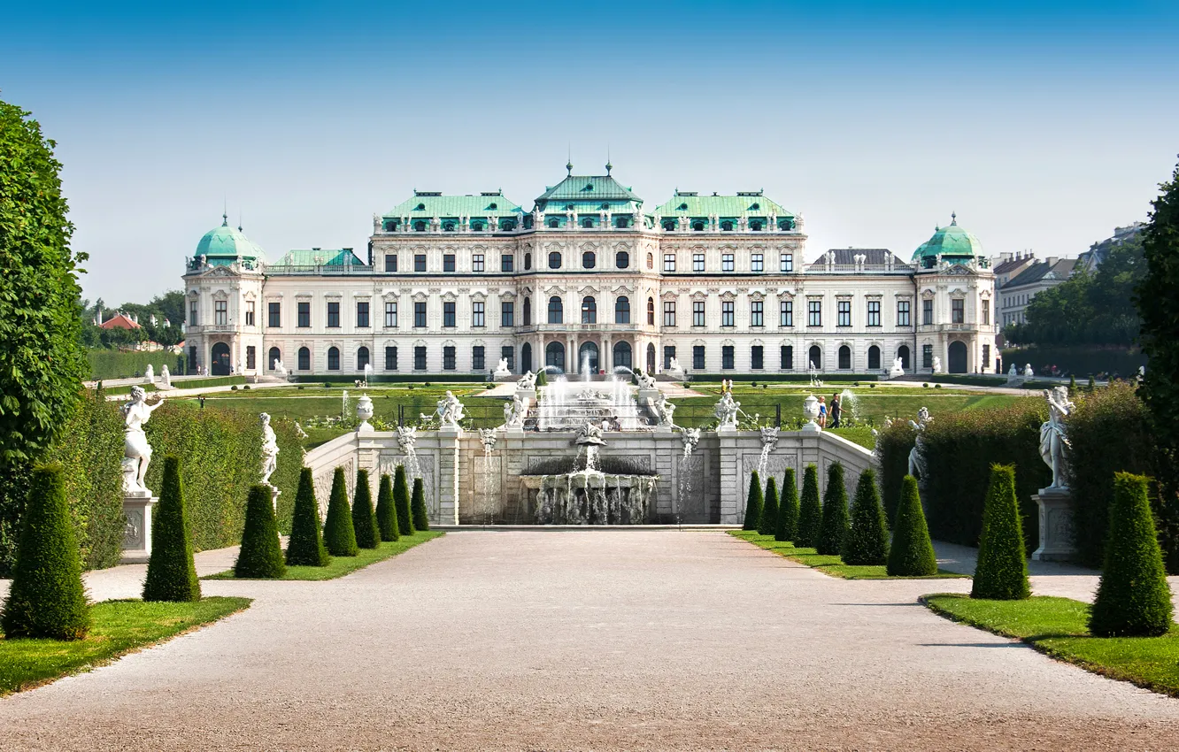 Photo wallpaper trees, design, lawn, Austria, the bushes, fountains, Palace, sculpture