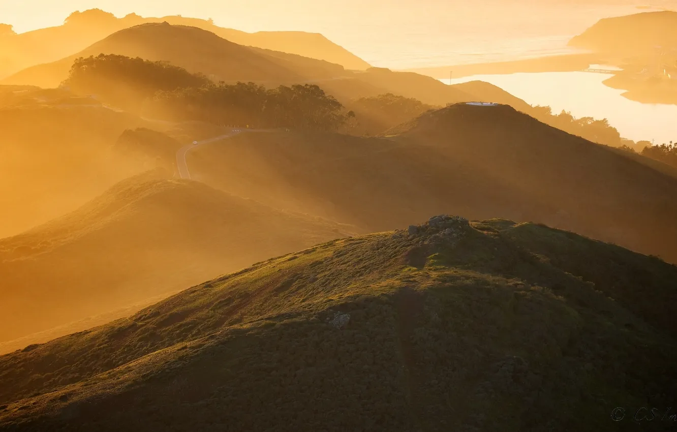 Photo wallpaper light, river, hills, morning
