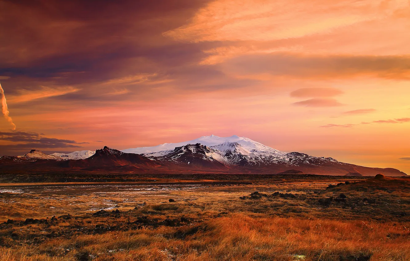 Photo wallpaper sunset, winter, mountain, snow, Iceland