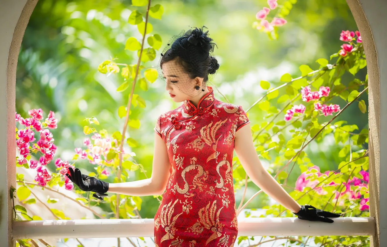 Photo wallpaper girl, nature, garden, Asian, red dress
