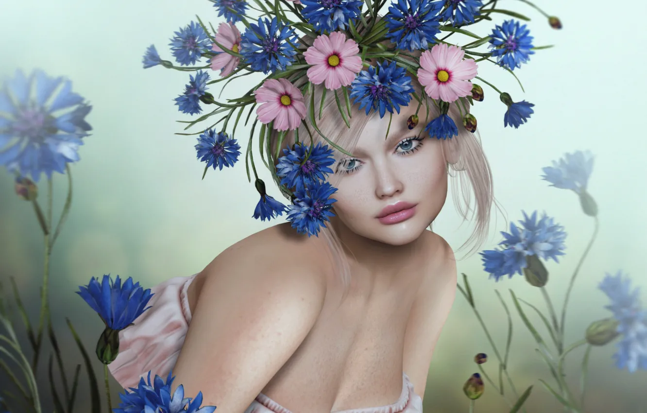 Photo wallpaper girl, flowers, blonde, wreath