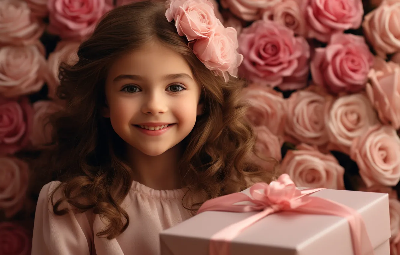 Photo wallpaper flowers, holiday, gift, roses, girl, AI art, neural network