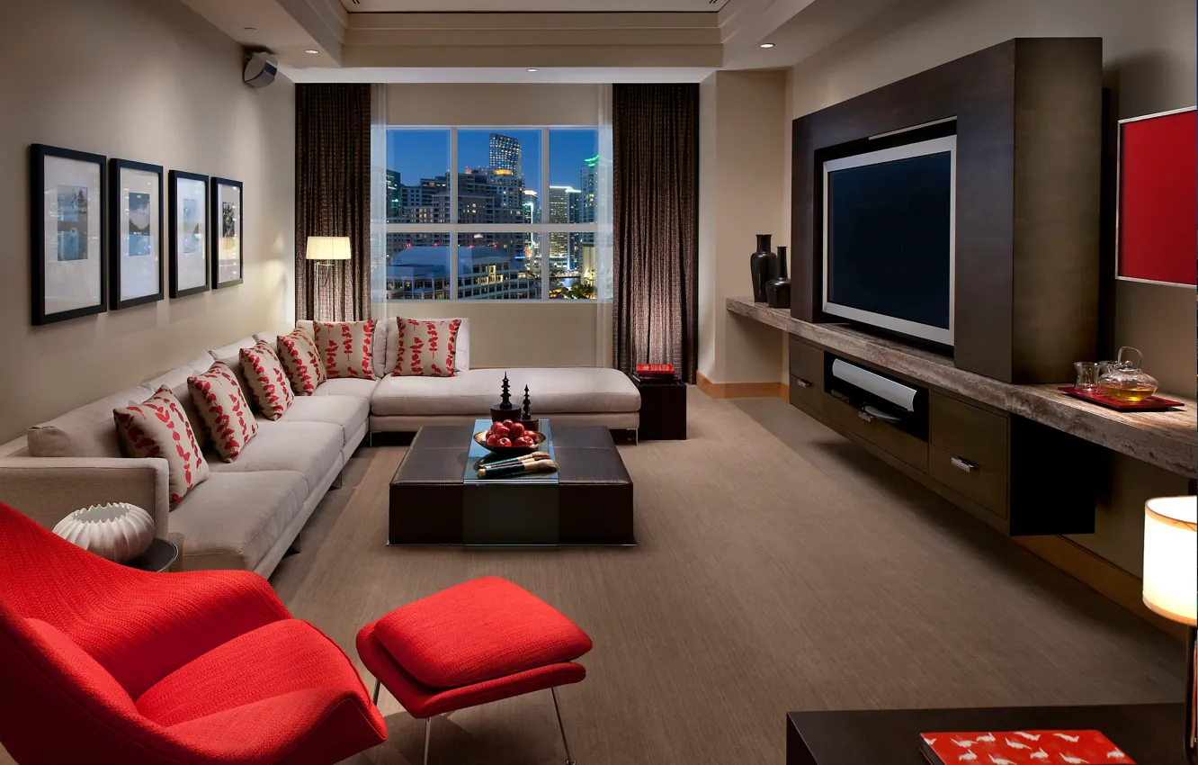 Photo wallpaper room, sofa, picture, chair, pillow, TV, curtains, table