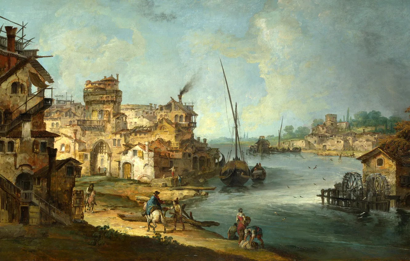 Photo wallpaper landscape, the city, river, boat, people, home, picture, mill