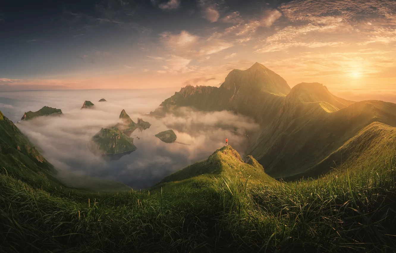 Photo wallpaper sea, landscape, mountains, nature, fog, dawn, island, morning