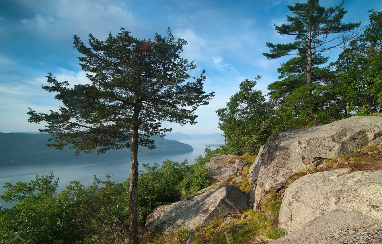 Photo wallpaper trees, lake, stones, panorama, New York, the state of new York, lake George, Adirondack Mountains