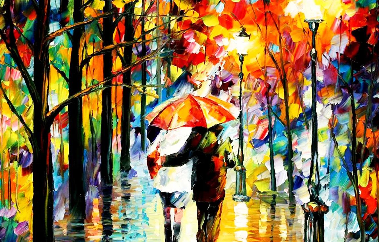 Photo wallpaper autumn, lights, Park, rain, picture, umbrella, pair, lantern