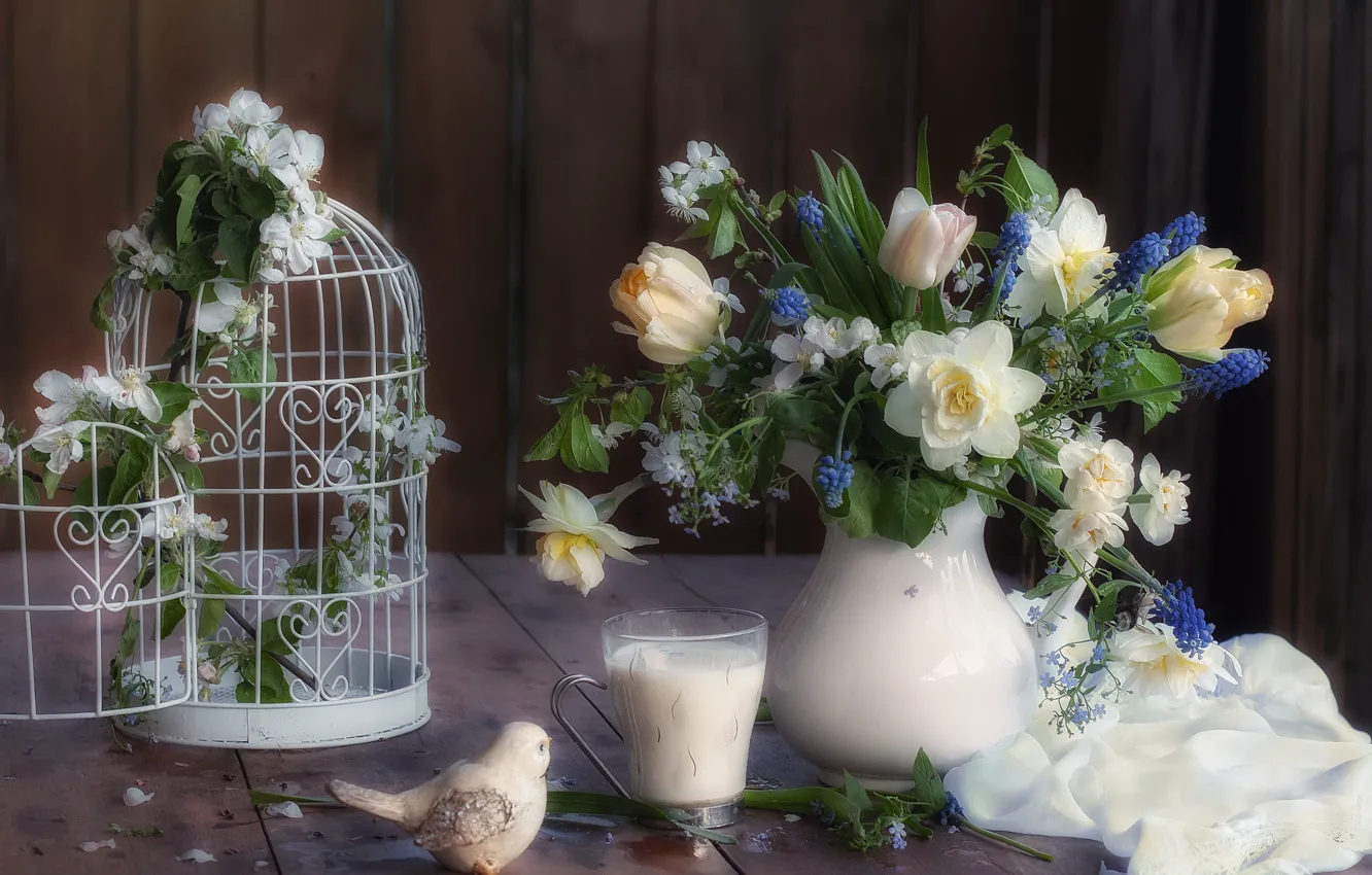 Photo wallpaper flowers, branches, blue, glass, table, toy, Board, bouquet