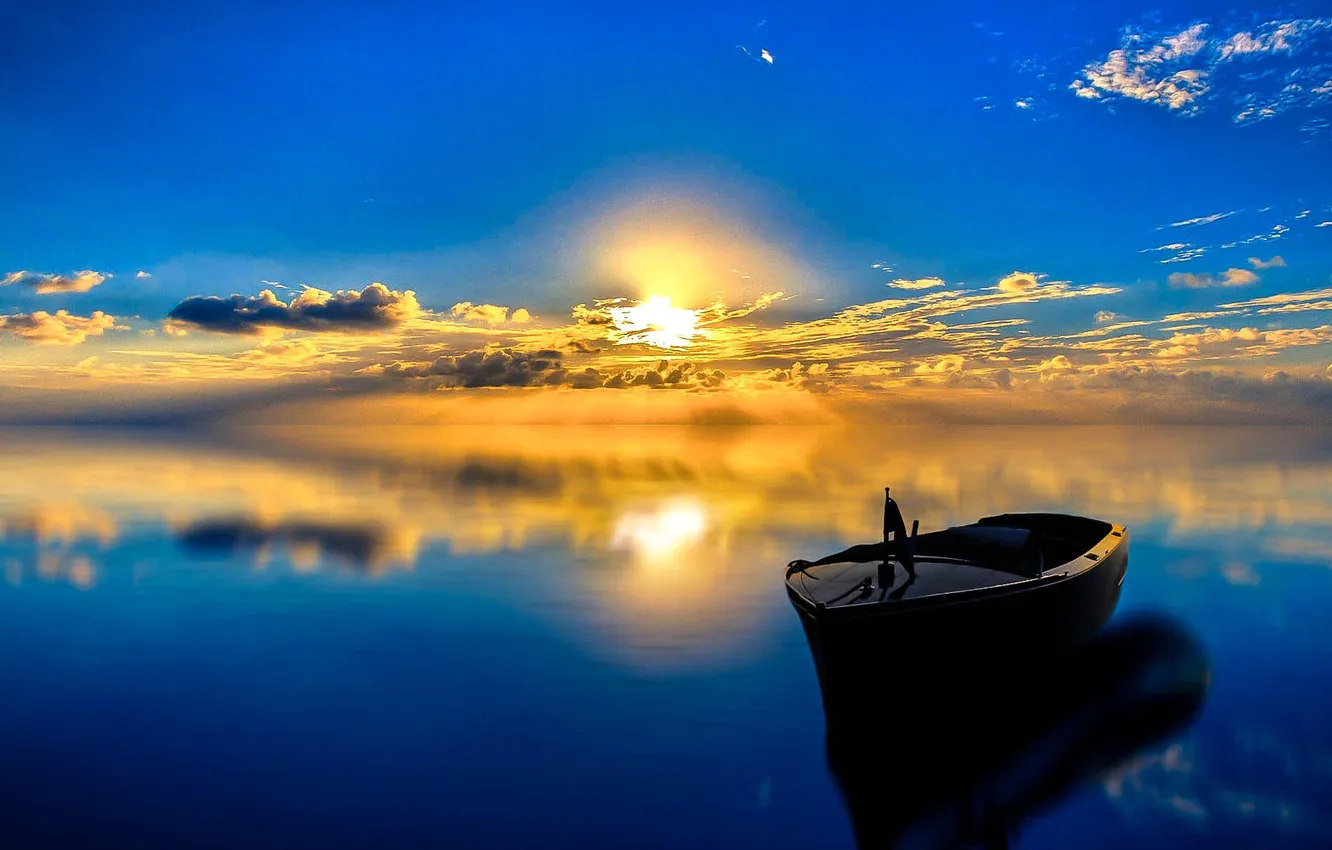 Photo wallpaper landscape, sunset, lake, reflection, boat