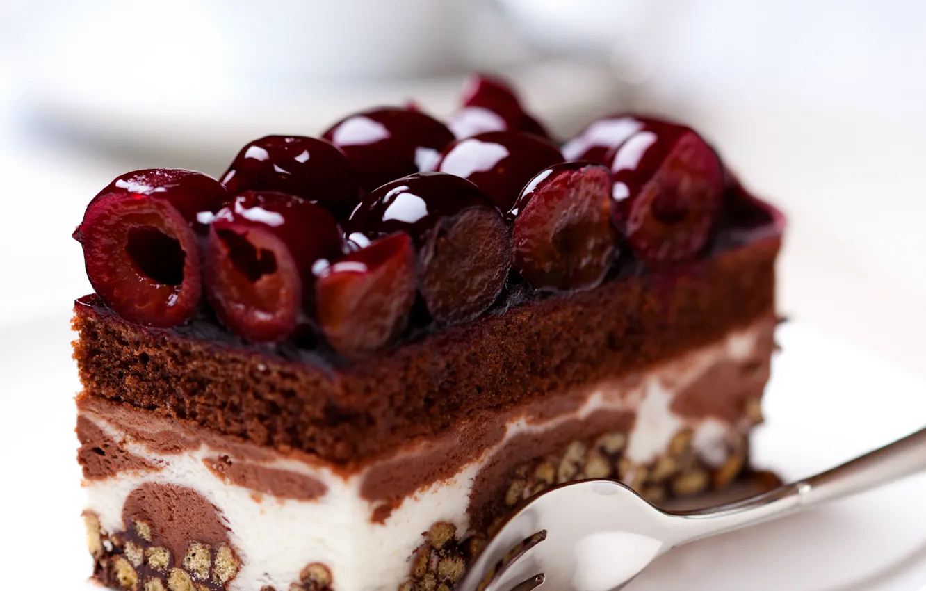 Photo wallpaper cherry, berries, plate, cake, plug, cream, dessert, sweet