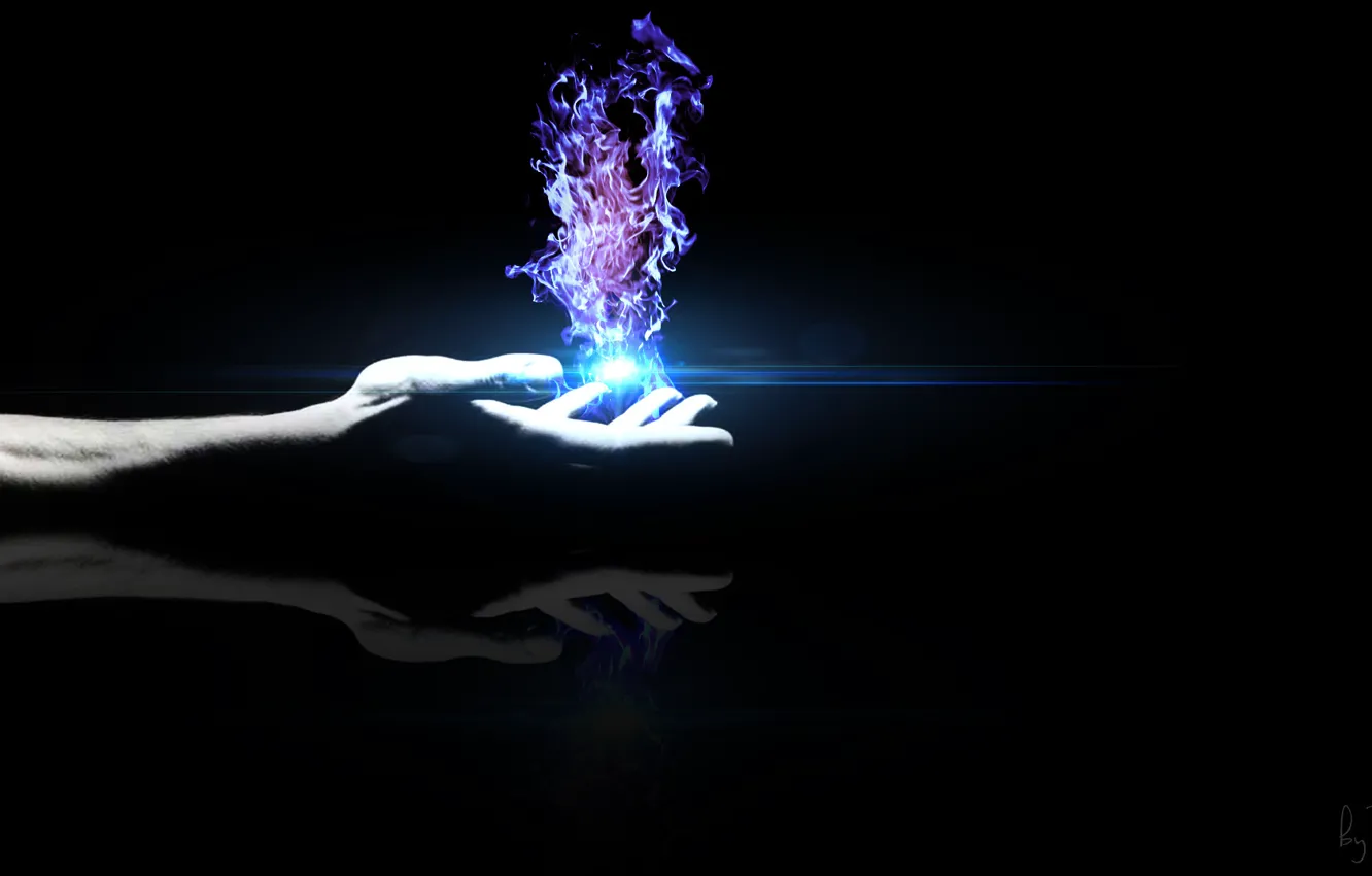 Photo wallpaper flame, hand, black background