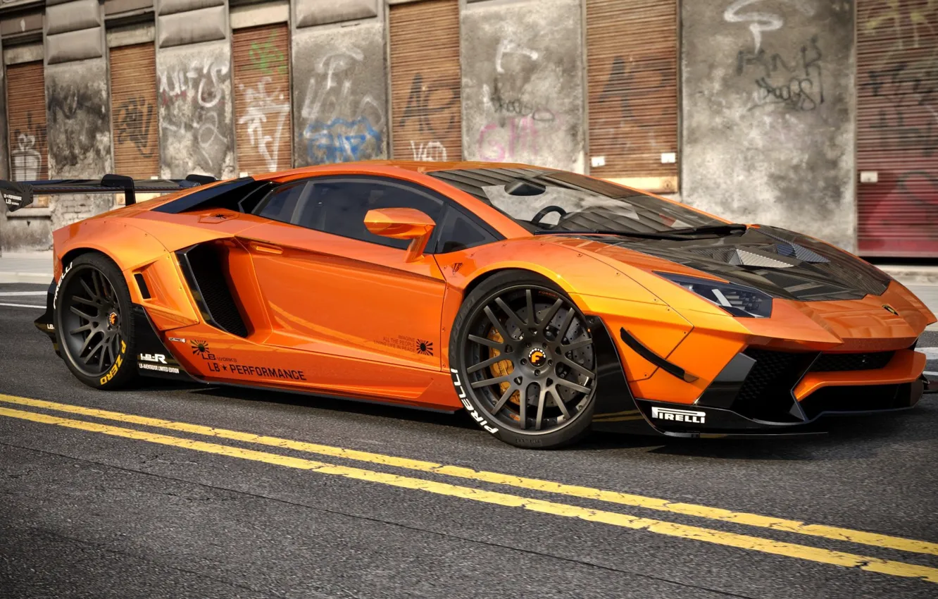 Photo wallpaper Auto, Lamborghini, Machine, Orange, Car, Auto, Render, Aventador