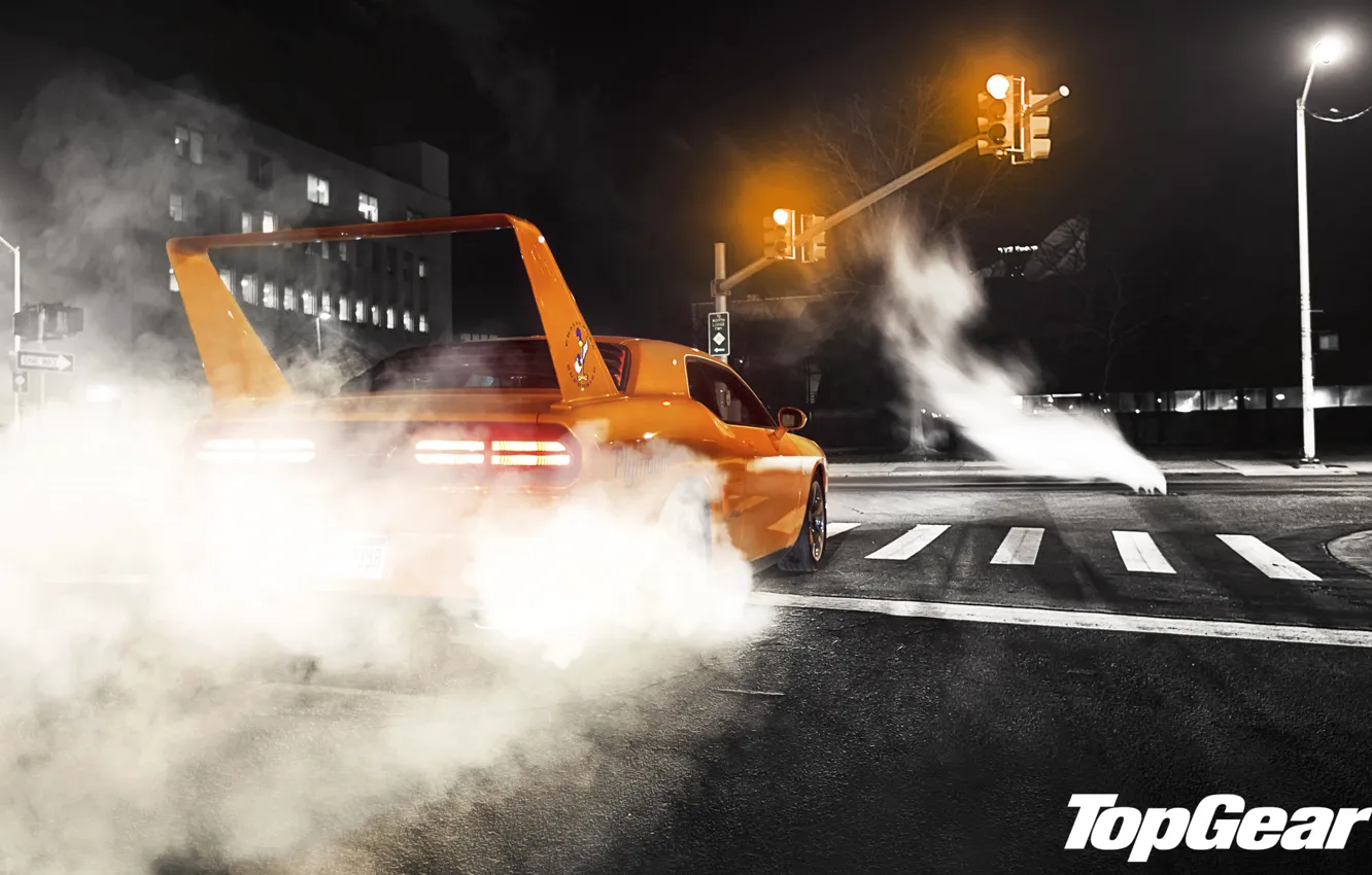 Photo wallpaper night, orange, street, tuning, smoke, traffic light, Top Gear, Dodge