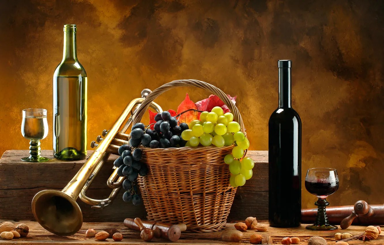 Photo wallpaper wine, red, white, basket, pipe, grapes, nuts