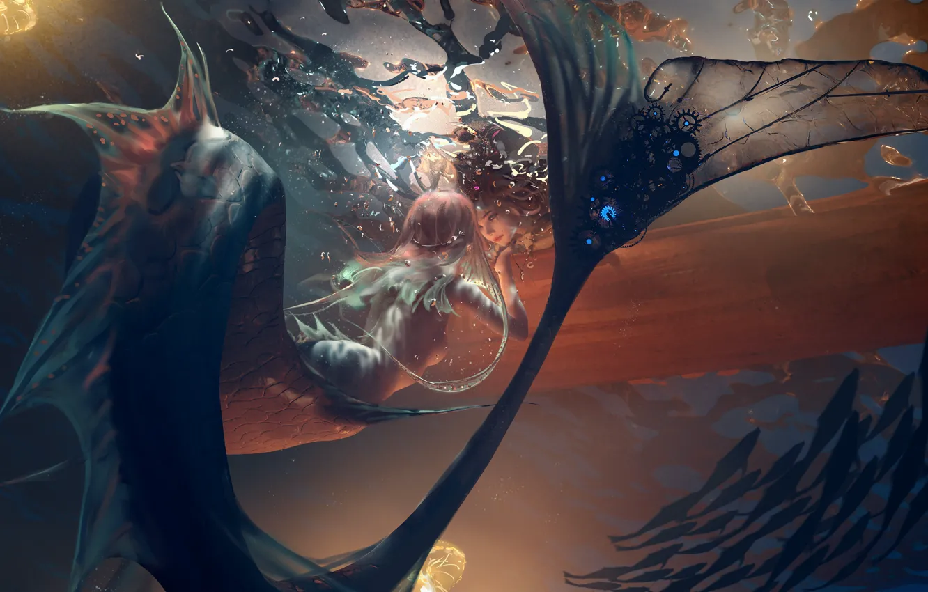 Photo wallpaper water, girl, face, mermaid, fish, tail, two, underwater world