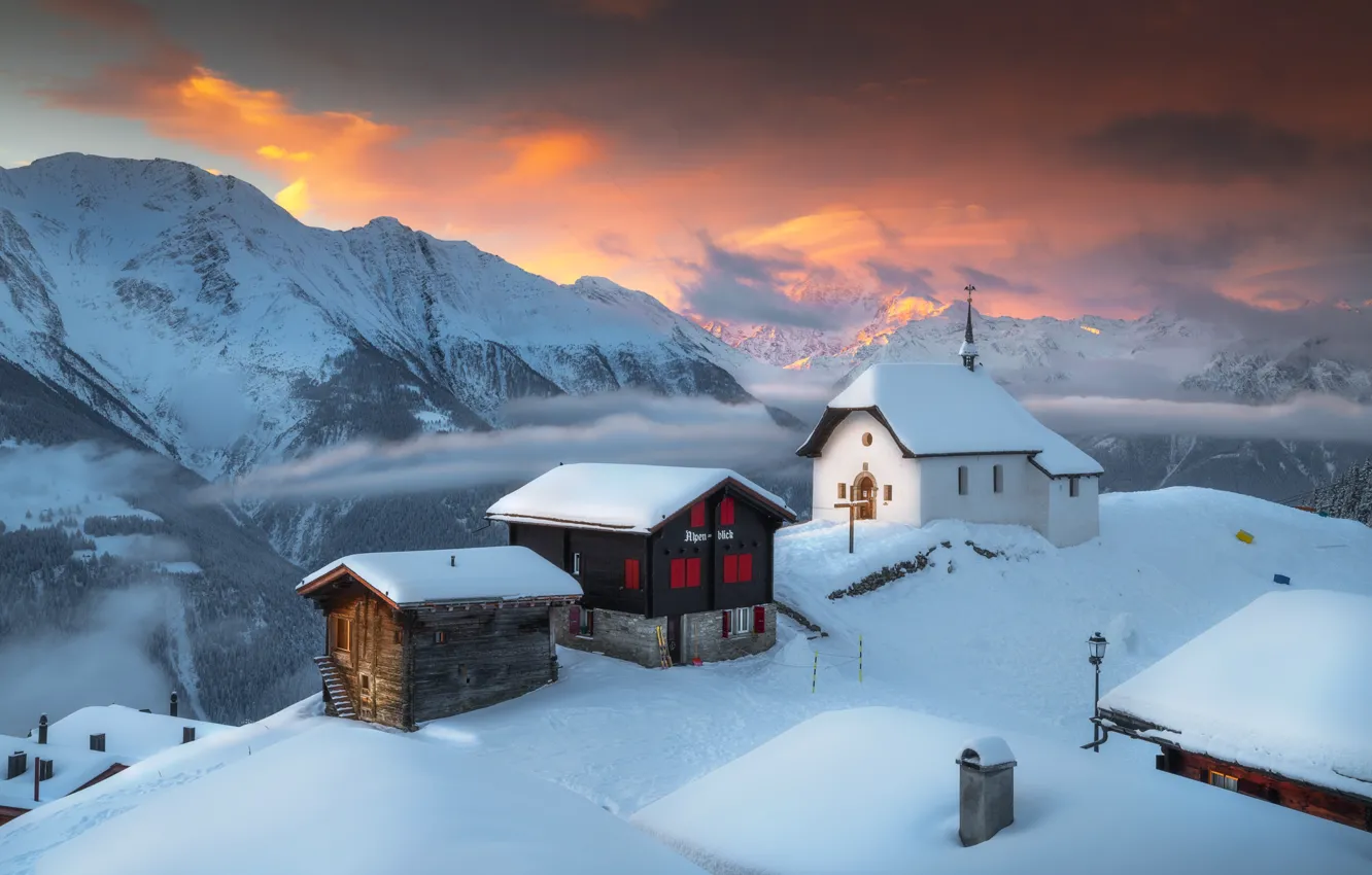 Photo wallpaper winter, roof, the sky, clouds, snow, sunset, mountains, fog