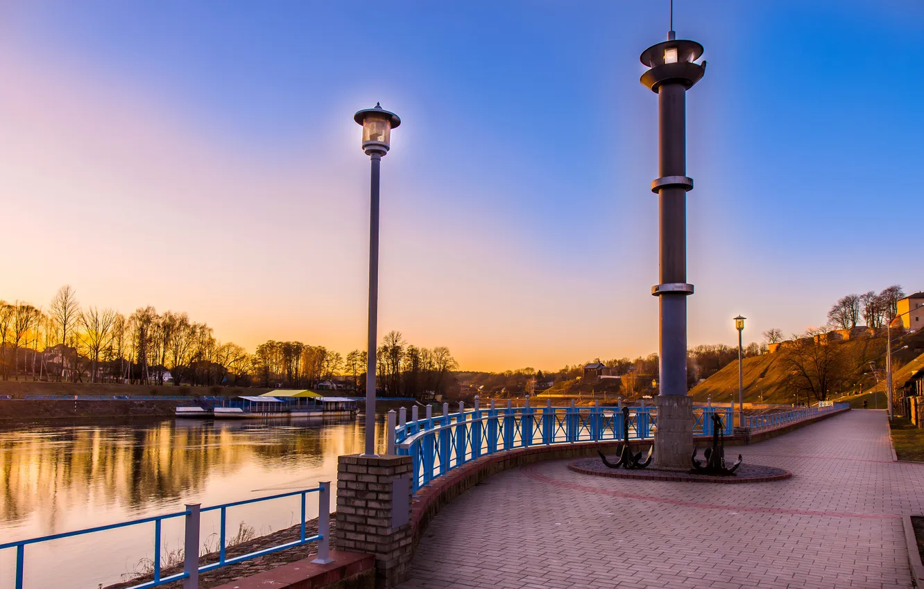 Photo wallpaper river, dawn, lights, promenade, Belarus, Grodno