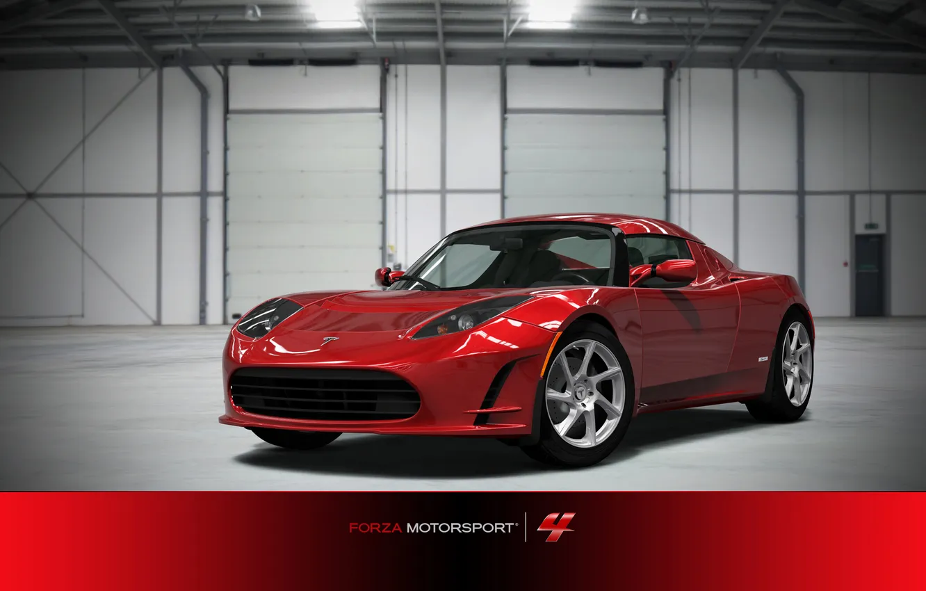 Photo wallpaper line, glare, garage, red, modernization, Forza Motorsport 4, Tesla Roadster Sport