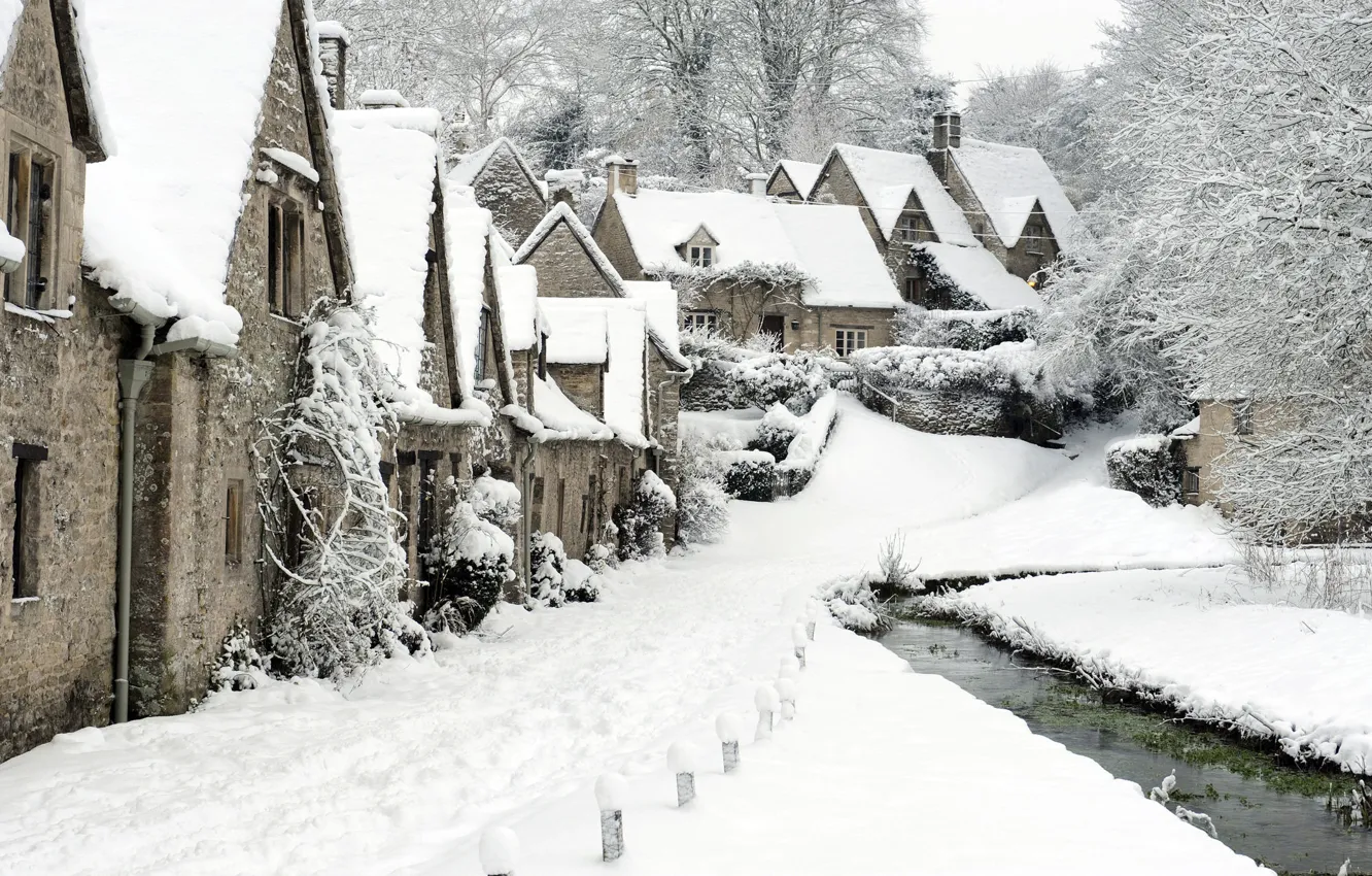 Photo wallpaper winter, snow, England, village, Bibury
