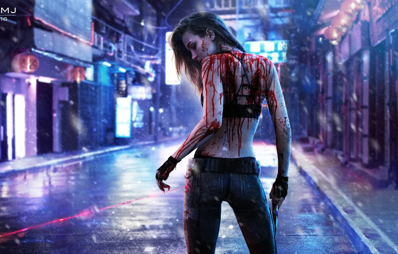 Photo wallpaper girl, night, the city, future, weapons, blood, the game, technology