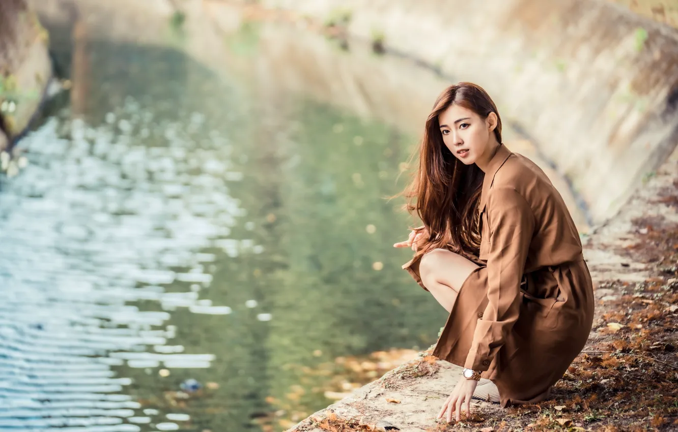 Photo wallpaper girl, river, Asian