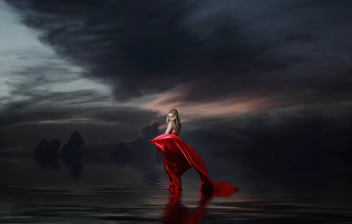Photo wallpaper the sky, girl, night, clouds, mood, treatment, art, blonde