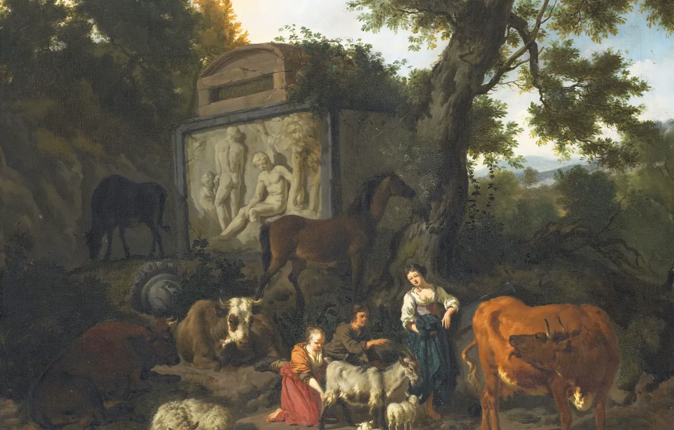 Photo wallpaper oil, picture, canvas, Dirck van Bergen, 1690, Dirk van Bergen, Landscape with Shepherds and Cattle …