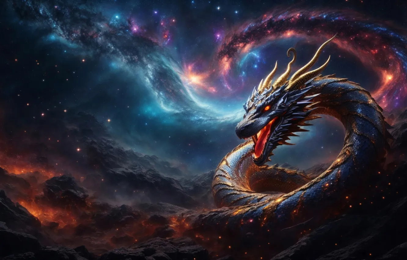 Photo wallpaper fantasy, stars, dragon