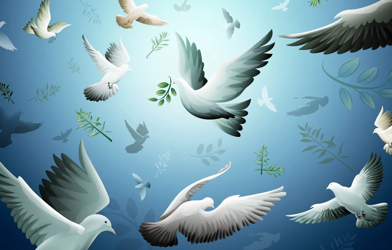 Photo wallpaper flight, birds, branches, figure, pigeons