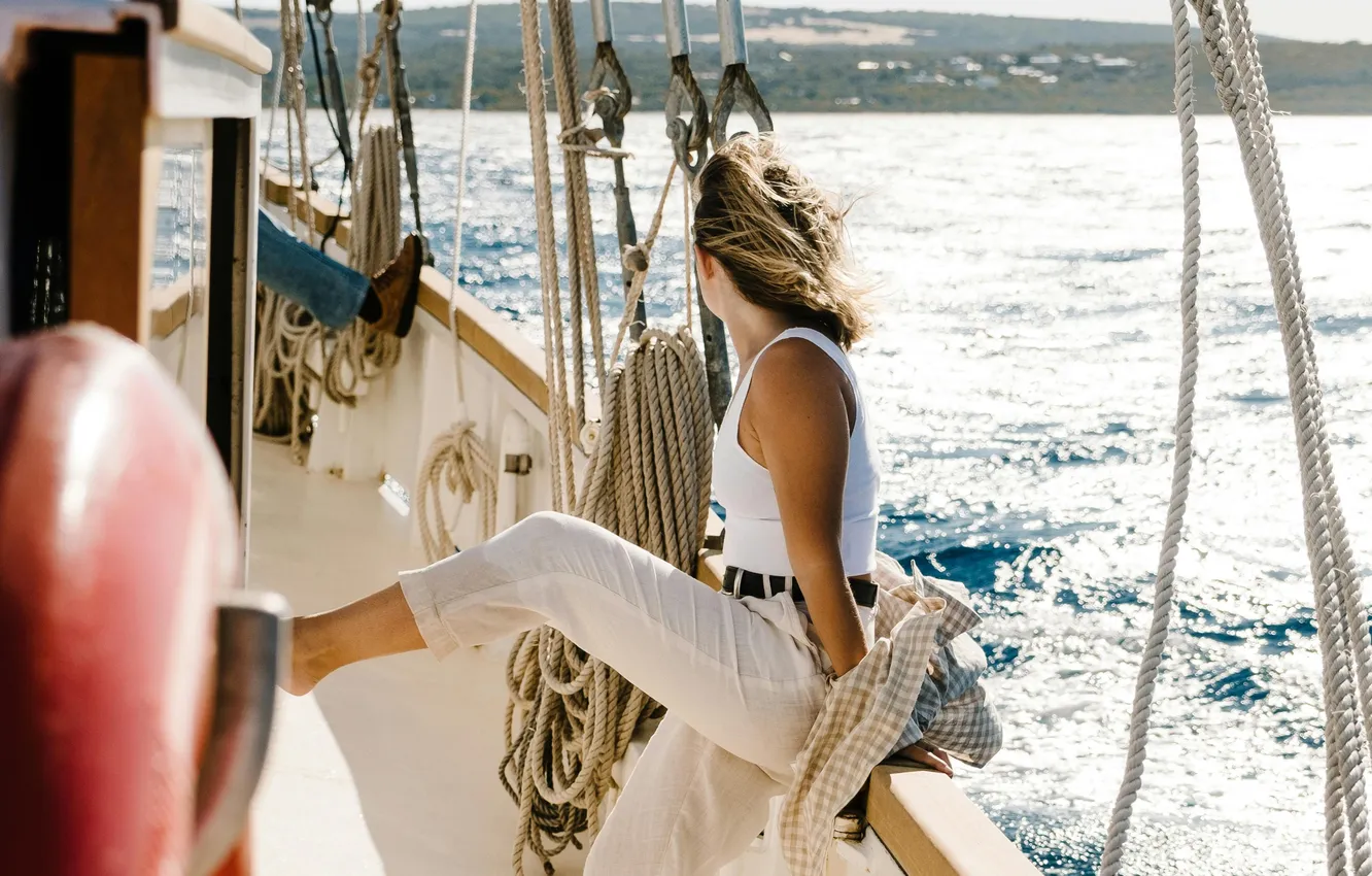 Photo wallpaper sea, summer, girl, feet, romance, coast, ship, yacht
