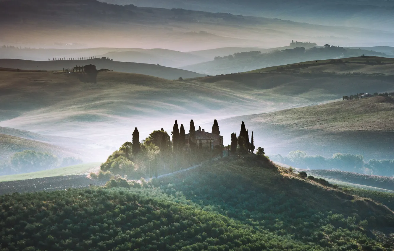 Photo wallpaper field, fog, hills, view, home, dal, morning, slope