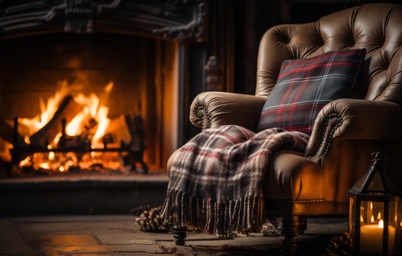 Photo wallpaper room, new year, interior, chair, Christmas, fireplace, Christmas, view