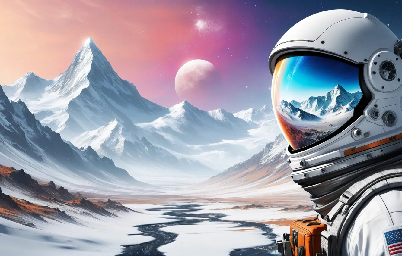 Photo wallpaper landscape, mountains, reflection, astronaut, the suit
