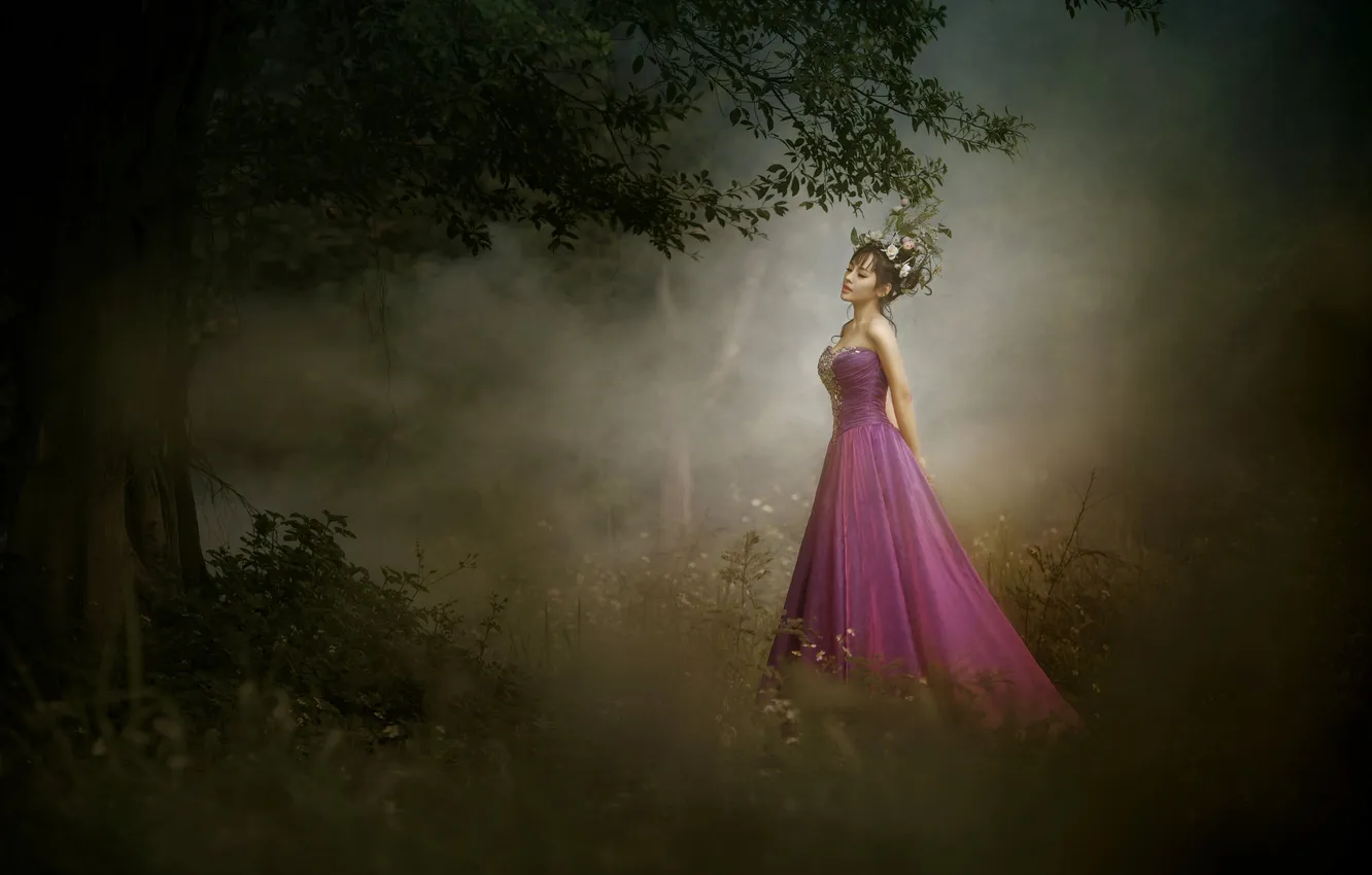 Photo wallpaper look, girl, trees, branches, nature, pose, fog, style