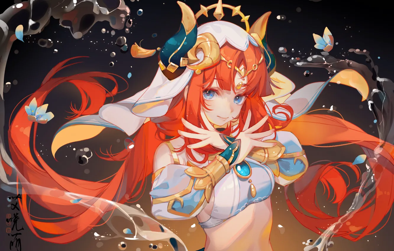 Photo wallpaper water, girl, flowers, Genshin Impact, Nilou