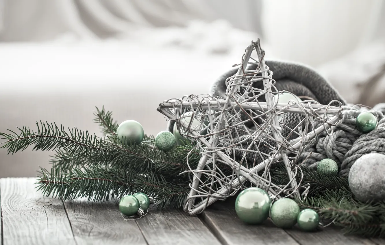 Photo wallpaper balls, Board, star, Christmas, New year, decoration, spruce branch