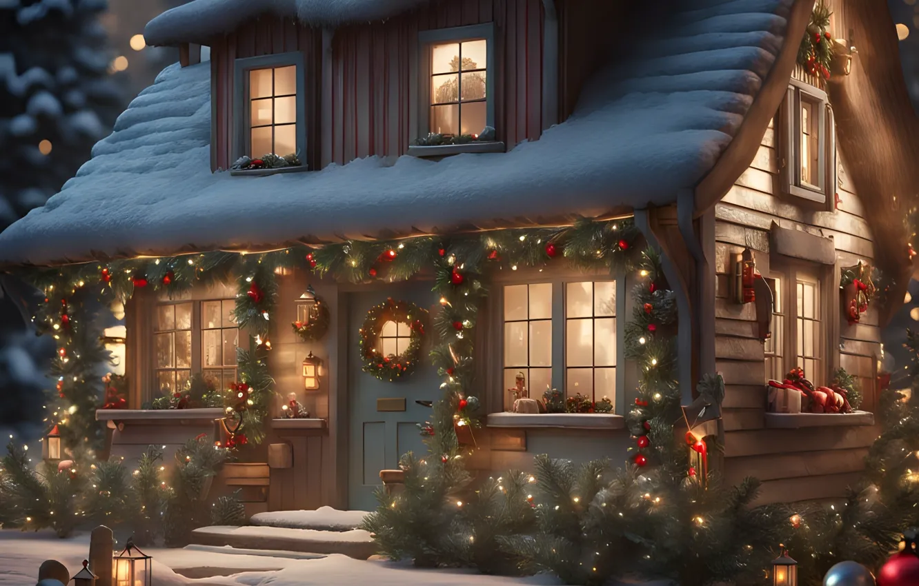 Photo wallpaper winter, snow, new year, home, Christmas, house, herringbone, needles