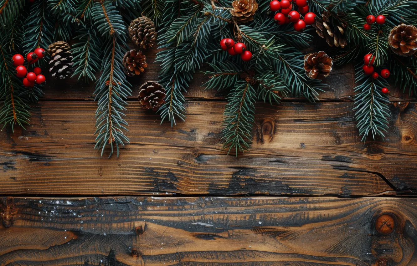 Photo wallpaper branches, berries, Board, new year, texture, fruit, Christmas, needles