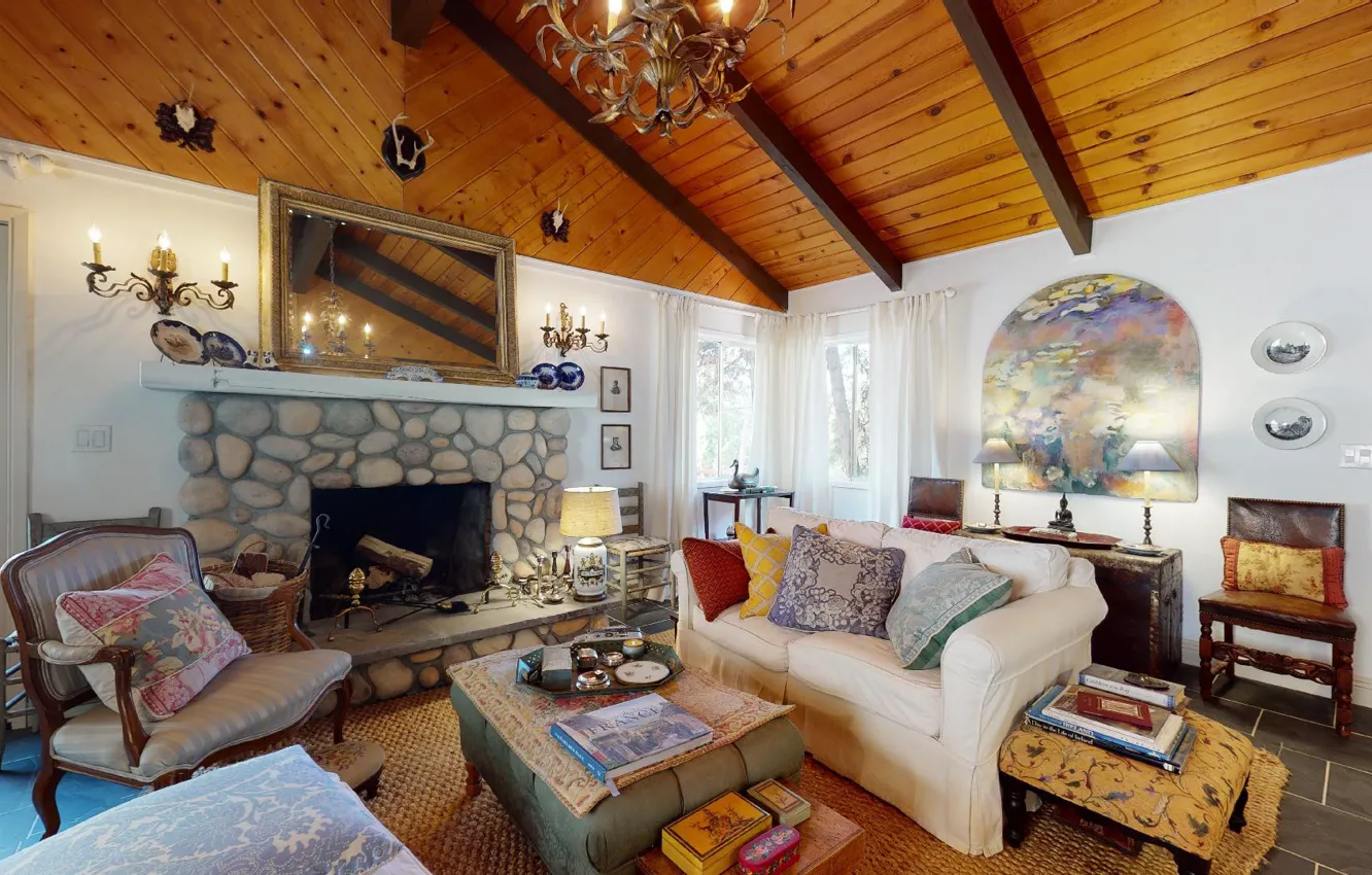 Photo wallpaper design, style, room, interior, fireplace, living room, Running Springs, Spring Oak