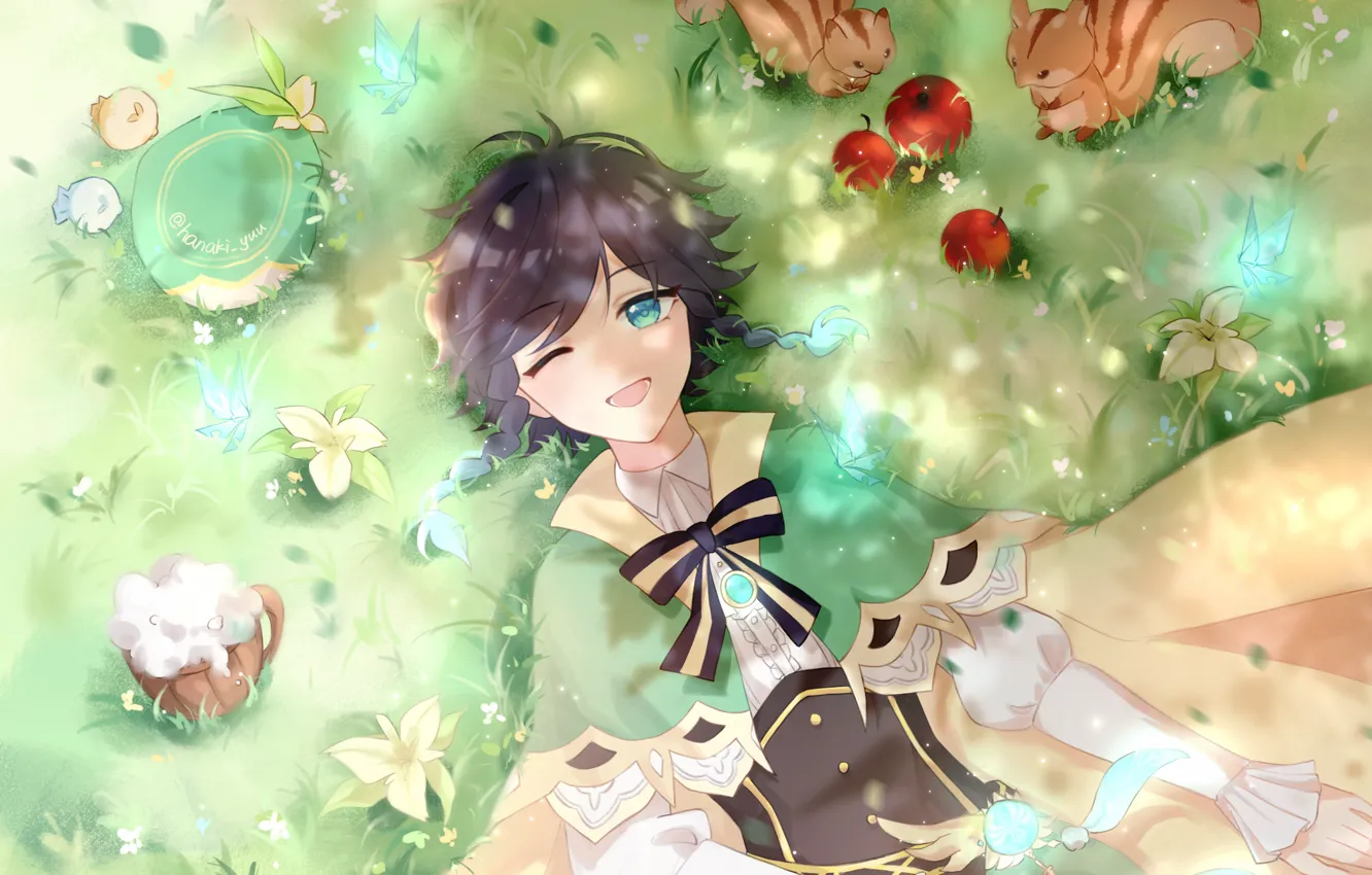 Photo wallpaper grass, apples, boy, proteins, Genshin Impact, Twenty