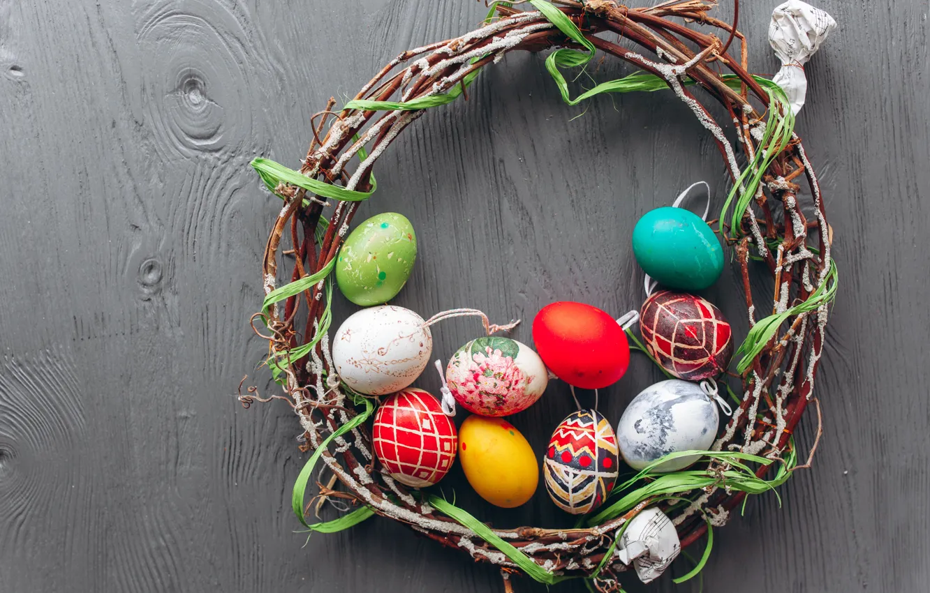 Photo wallpaper branches, eggs, spring, colorful, Easter, wreath, wood, spring