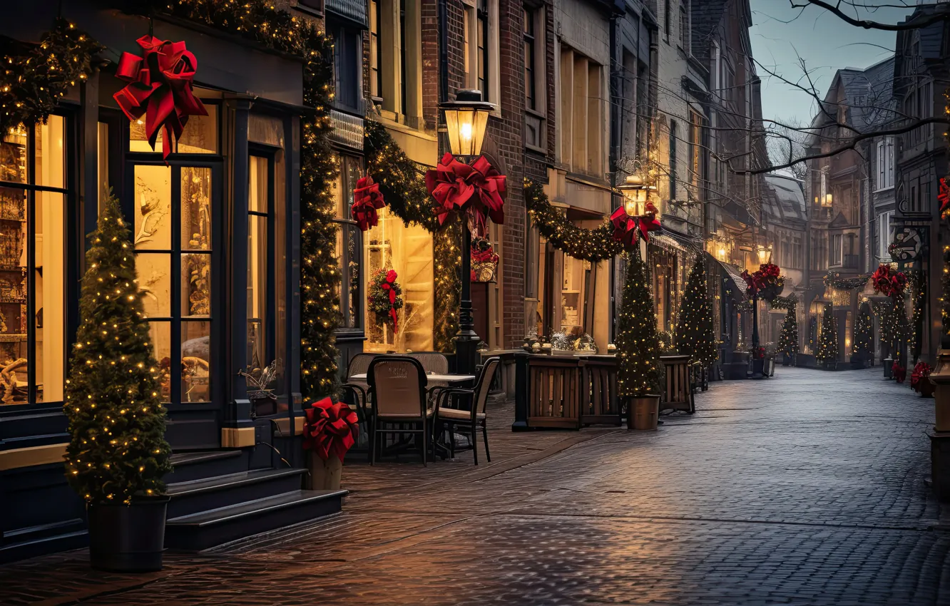 Photo wallpaper winter, snow, decoration, night, the city, lights, street, tree