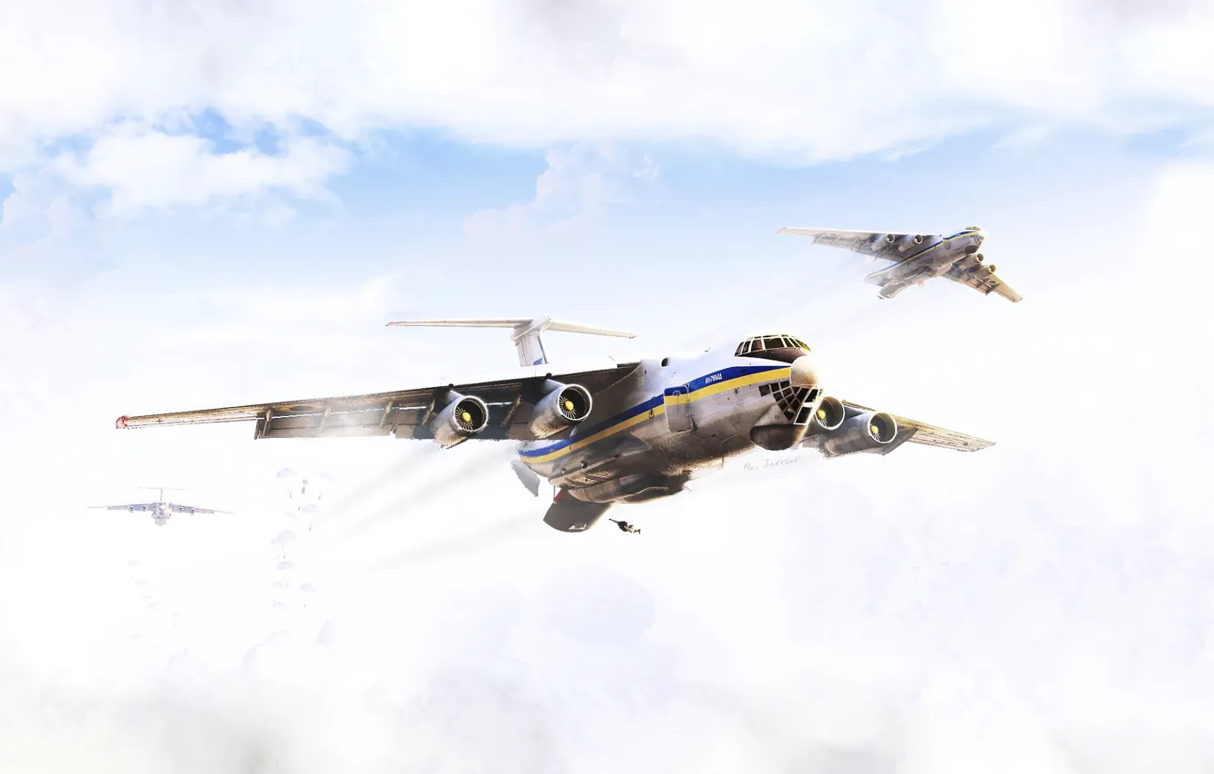 Photo wallpaper the sky, flight, three, the plane, Ukraine, landing, The Il-76, Ilyushin
