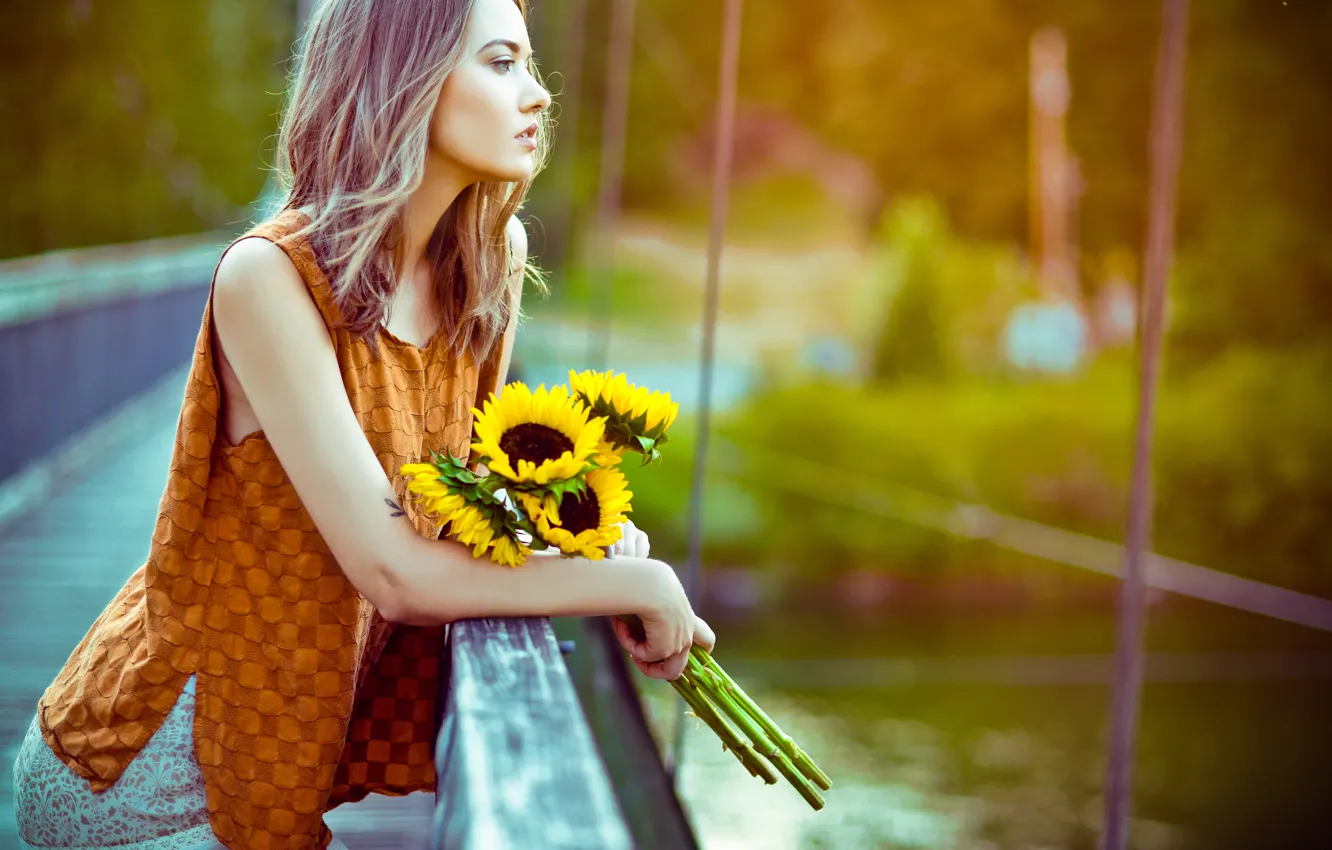 Photo wallpaper girl, sunflowers, flowers