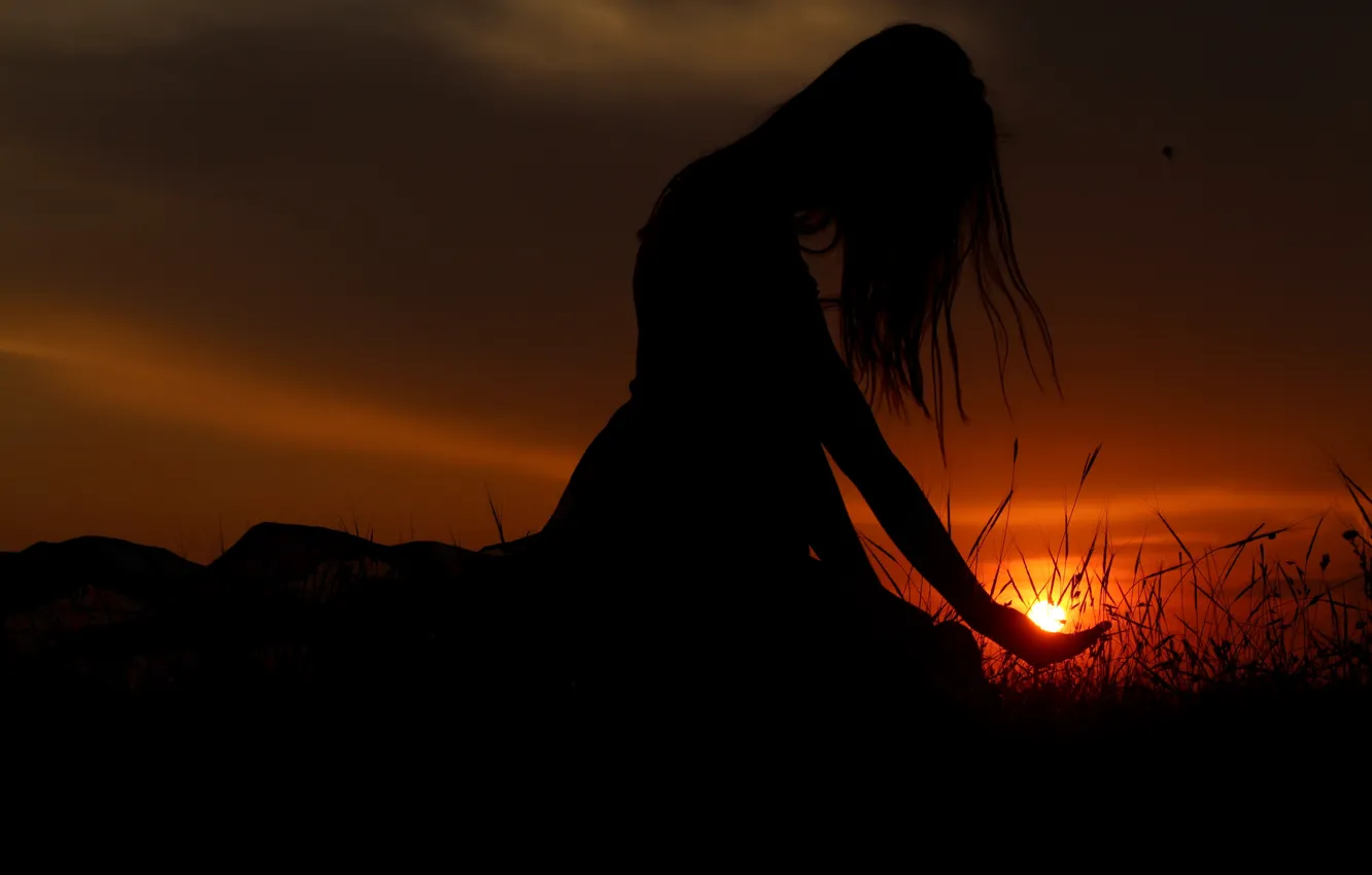 Photo wallpaper girl, the sun, sunset, hair, silhouette, palm