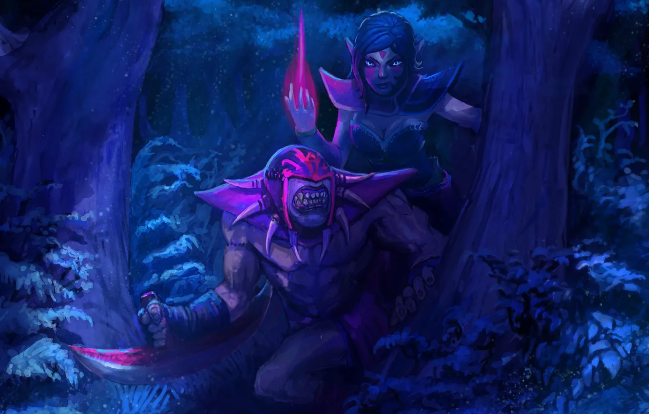 Photo wallpaper forest, girl, night, art, ambush, guy, Bloodseeker, dota 2