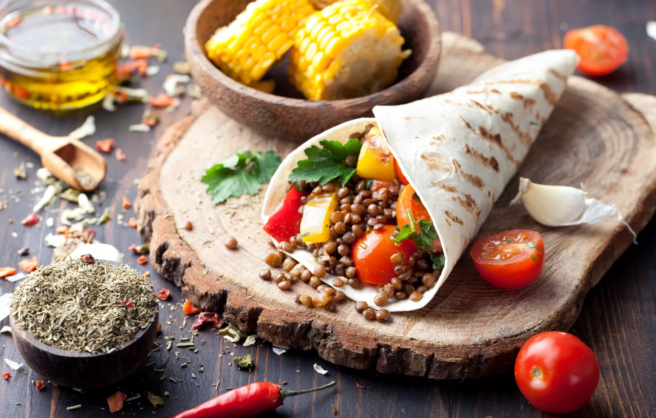 Photo wallpaper corn, vegetables, tomatoes, food, spices, Mexican, pellet, tortilla