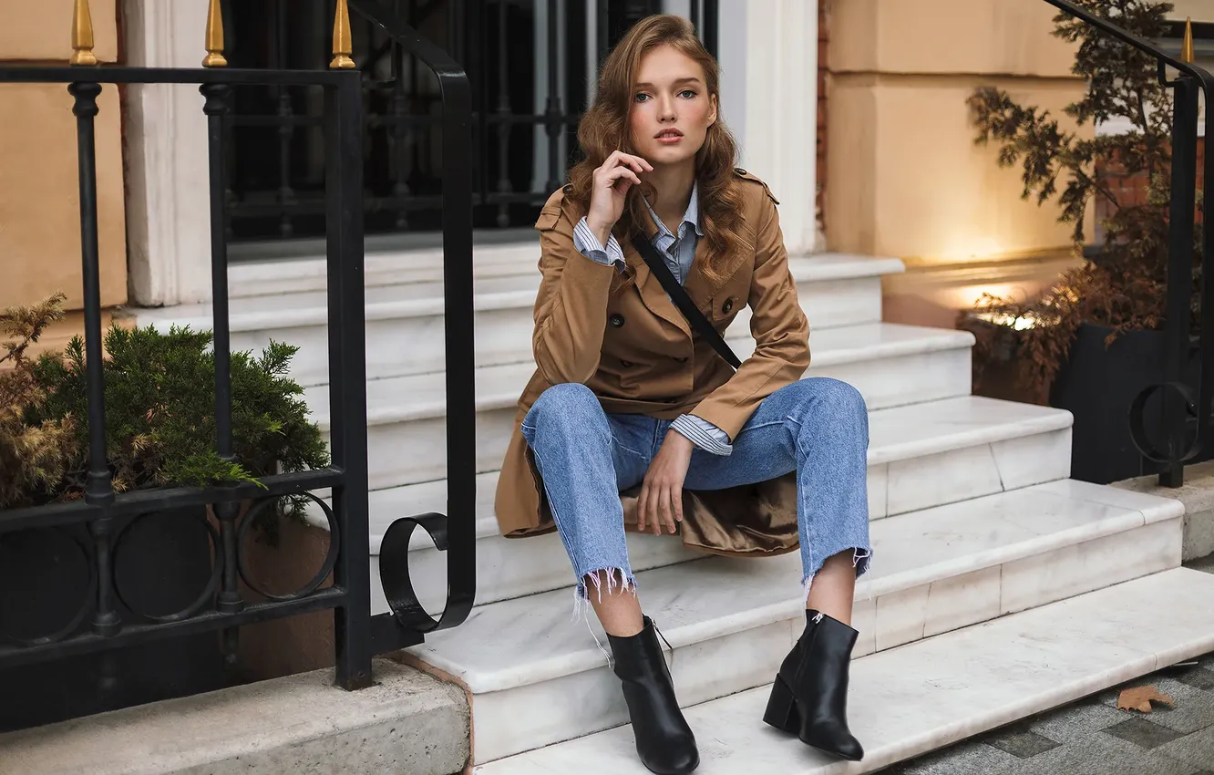 Photo wallpaper girl, beautiful, model, pretty, jeans, jacket, long-haired