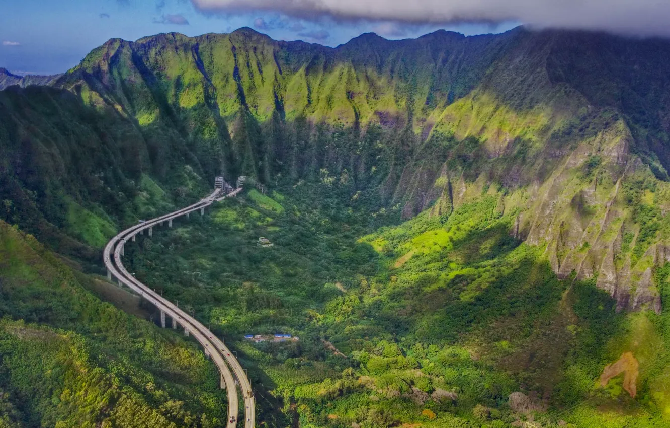 Photo wallpaper road, mountains, highway, Hawaii, the island of Oahu